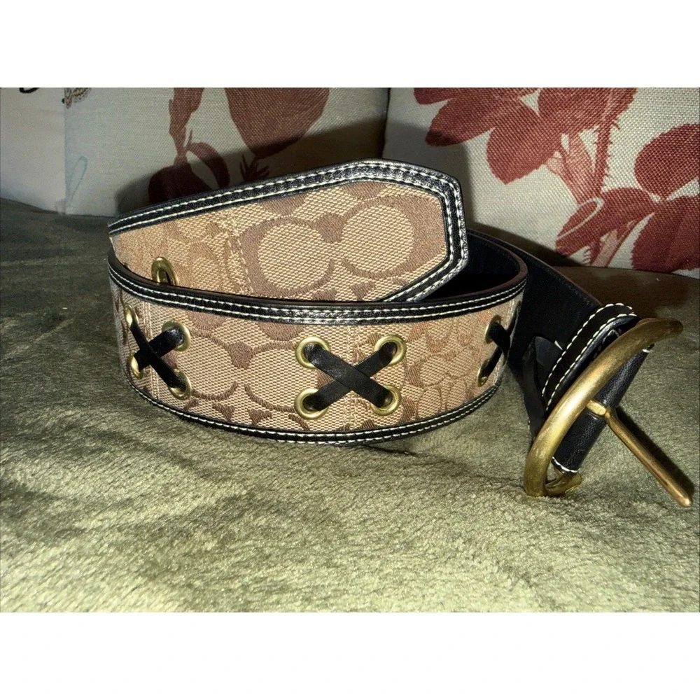 Coach Monogram Canvas and Leather Wide Boho Western Belt in Tan and Brown Sz L